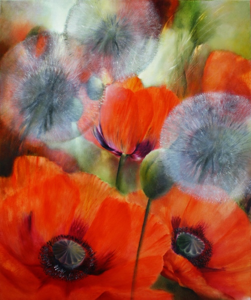 painting of poppies and dandelions