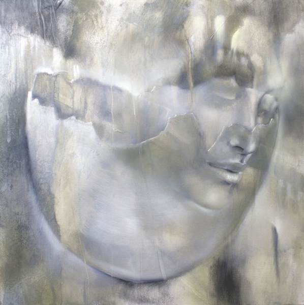 painting of a female face and a eggshell
