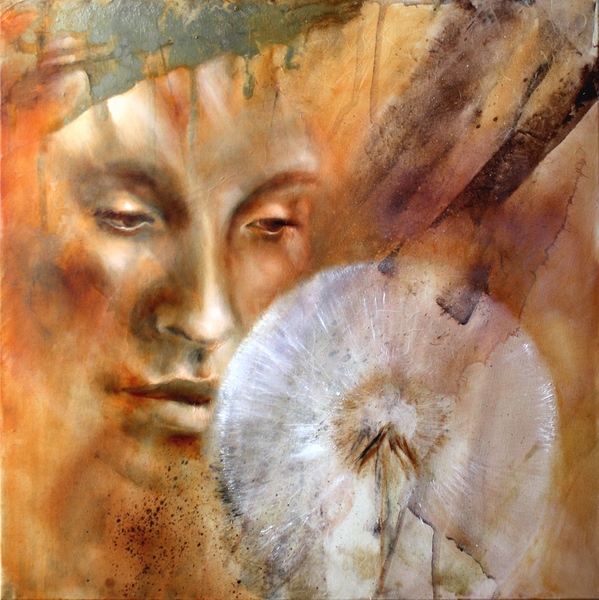 painting of a female face and dandelion